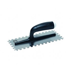Steel finishing trowel welded 4-side toothed FRP reinforced plastic handle and support